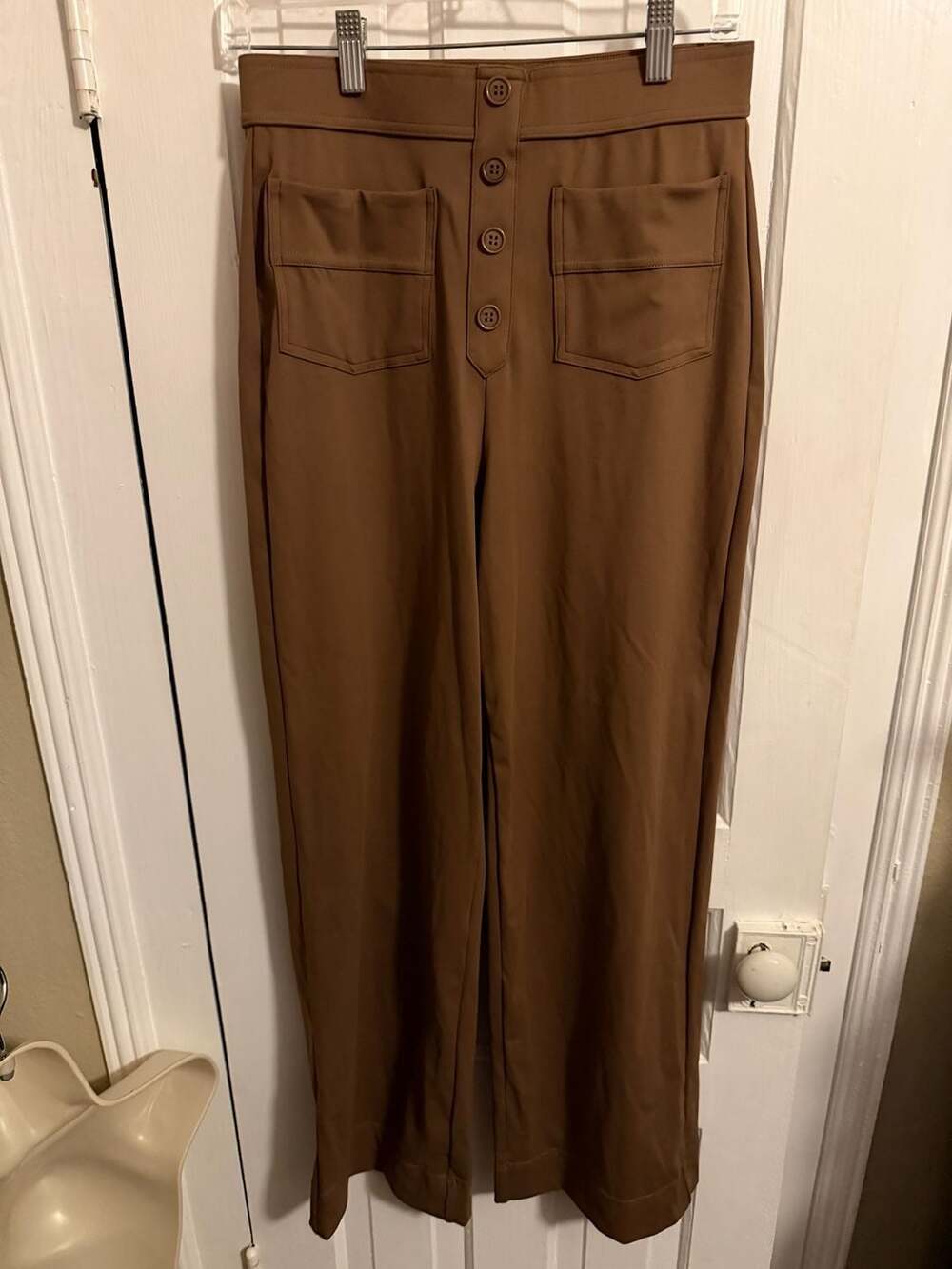 Halara Straight Leg Pants Size Medium Brown High Waist Button Pockets